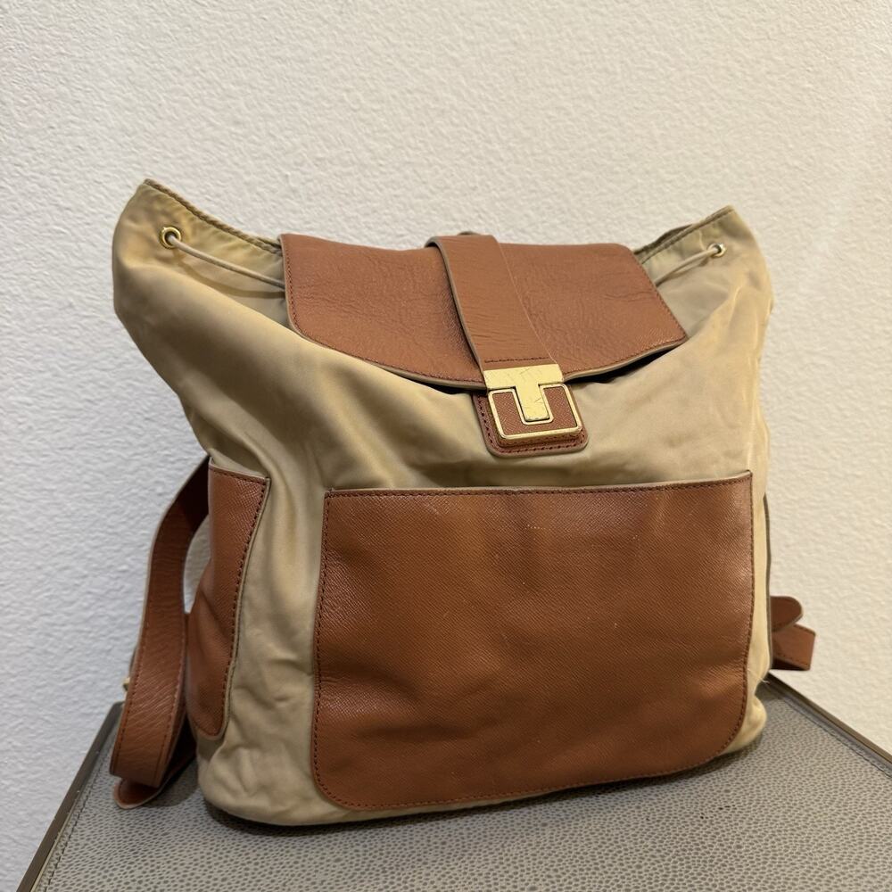 Tory Burch Penn Backpack Tan Nylon Brown PU Leather Pockets Handbag Purse